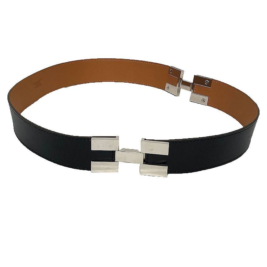 Hermes Leather Belt 38 Black Silver Vintage