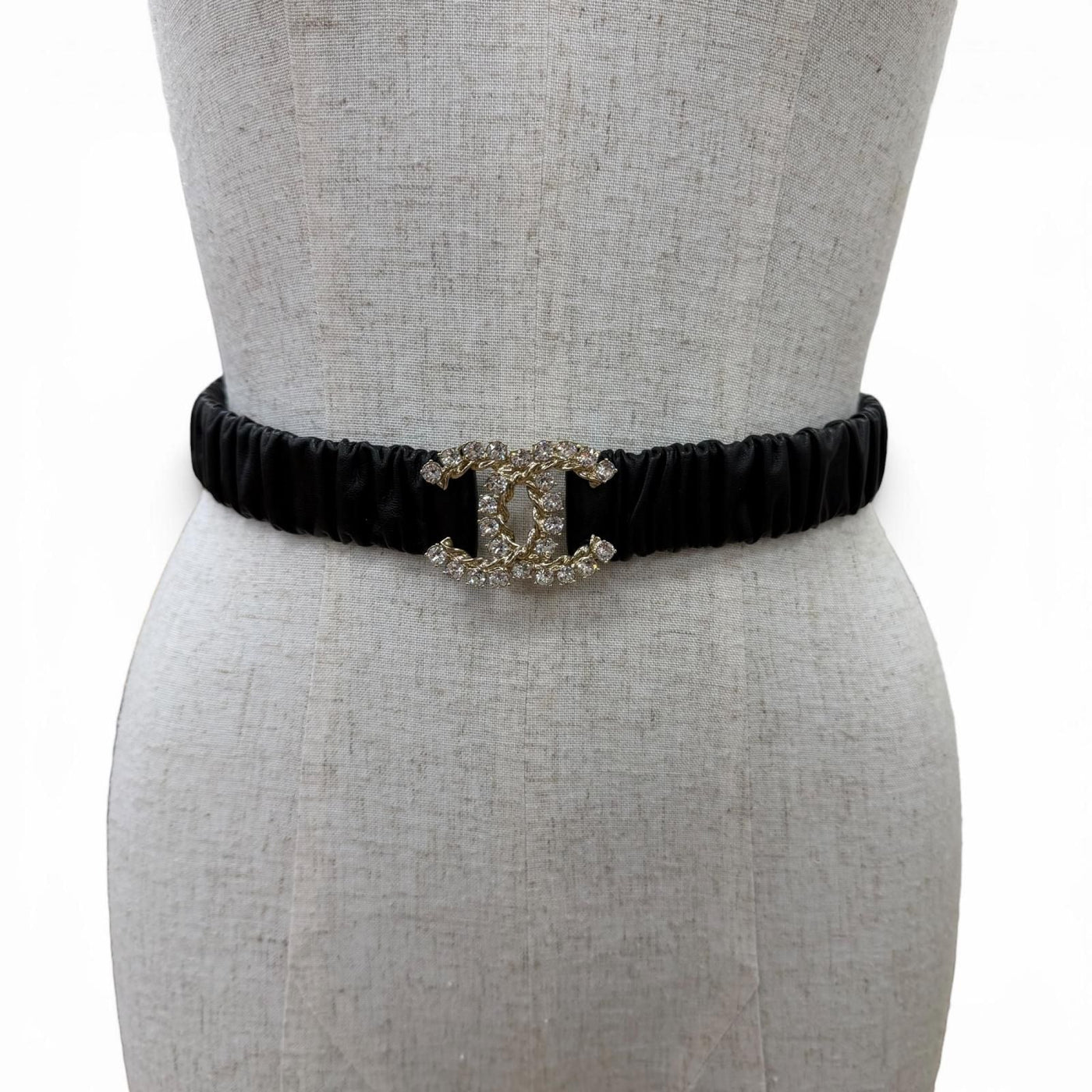 Chanel 21c CC Logo Rhinestone Leather Rubber Belt Black Gold