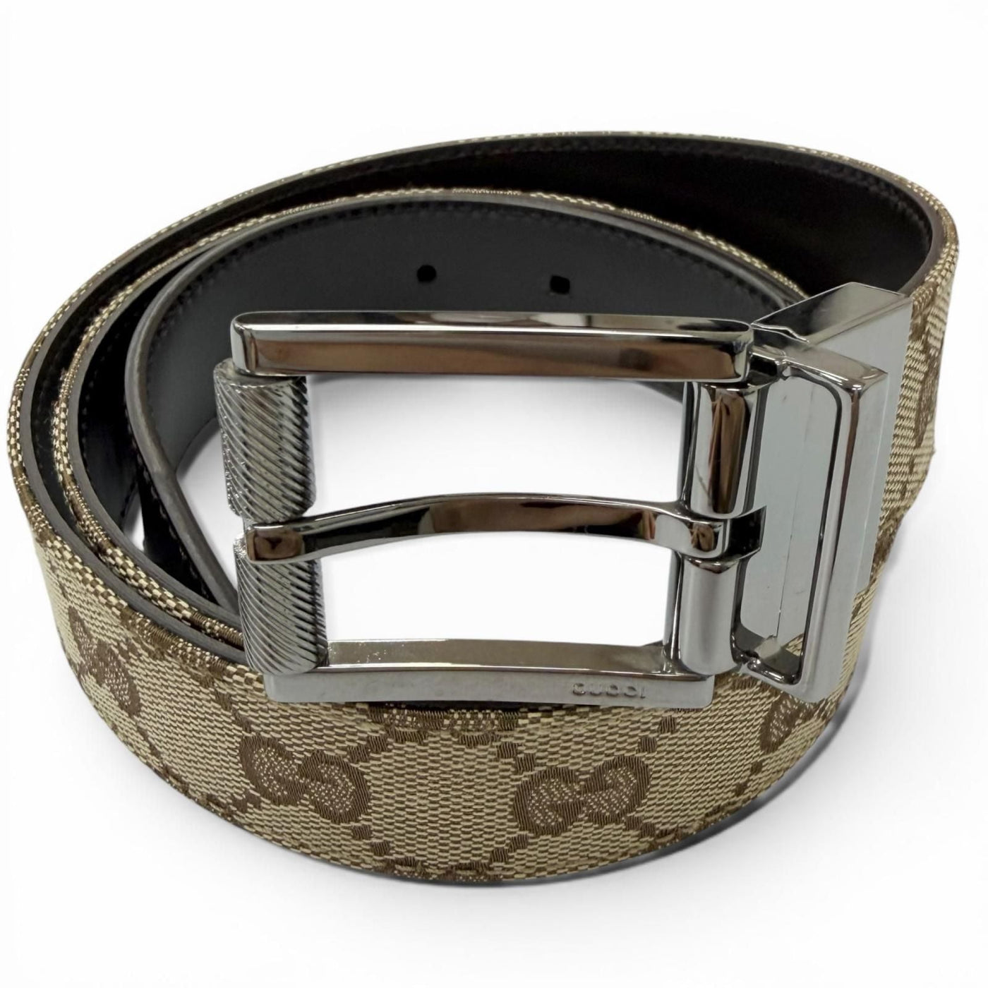 Gucci Leather GG Canvas Silver Square Hapi Buckle Reversible Belt Beige Black