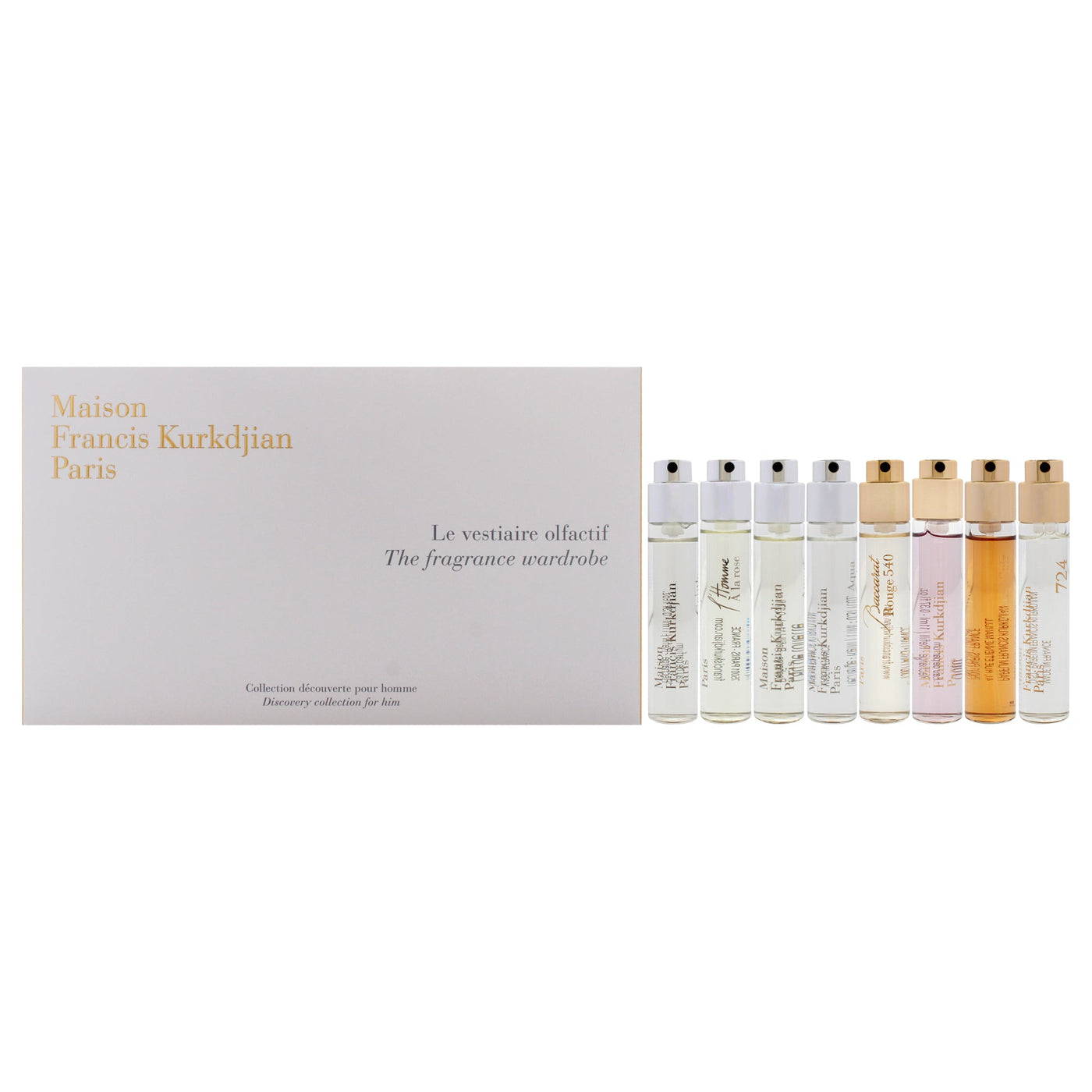 The Fragrance Wardrobe For Him by Maison Francis Kurkdjian for Men - 8 Pc Mini Gift Set 0.37oz Aqua Universalis EDP Spray, 0.37oz Amyris homme EDP Spray, 0.37oz LHomme A la rose EDP Spray, 724, 0.37oz Gentle fluidity silver Edition EDP Spray, 0.37oz Gent