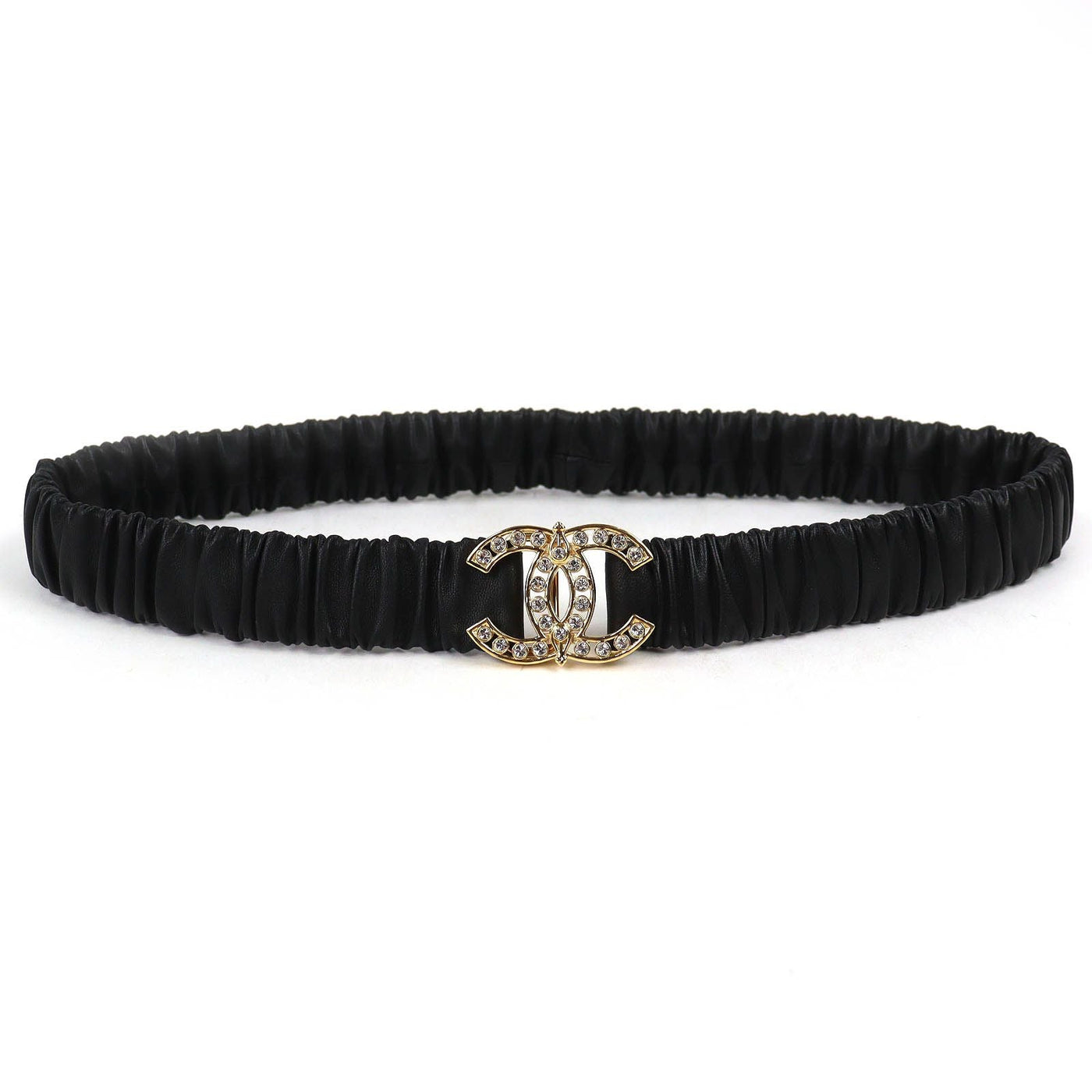 Chanel CC Logo Rhinestone Buckle Leather Rubber Belt Black Gold