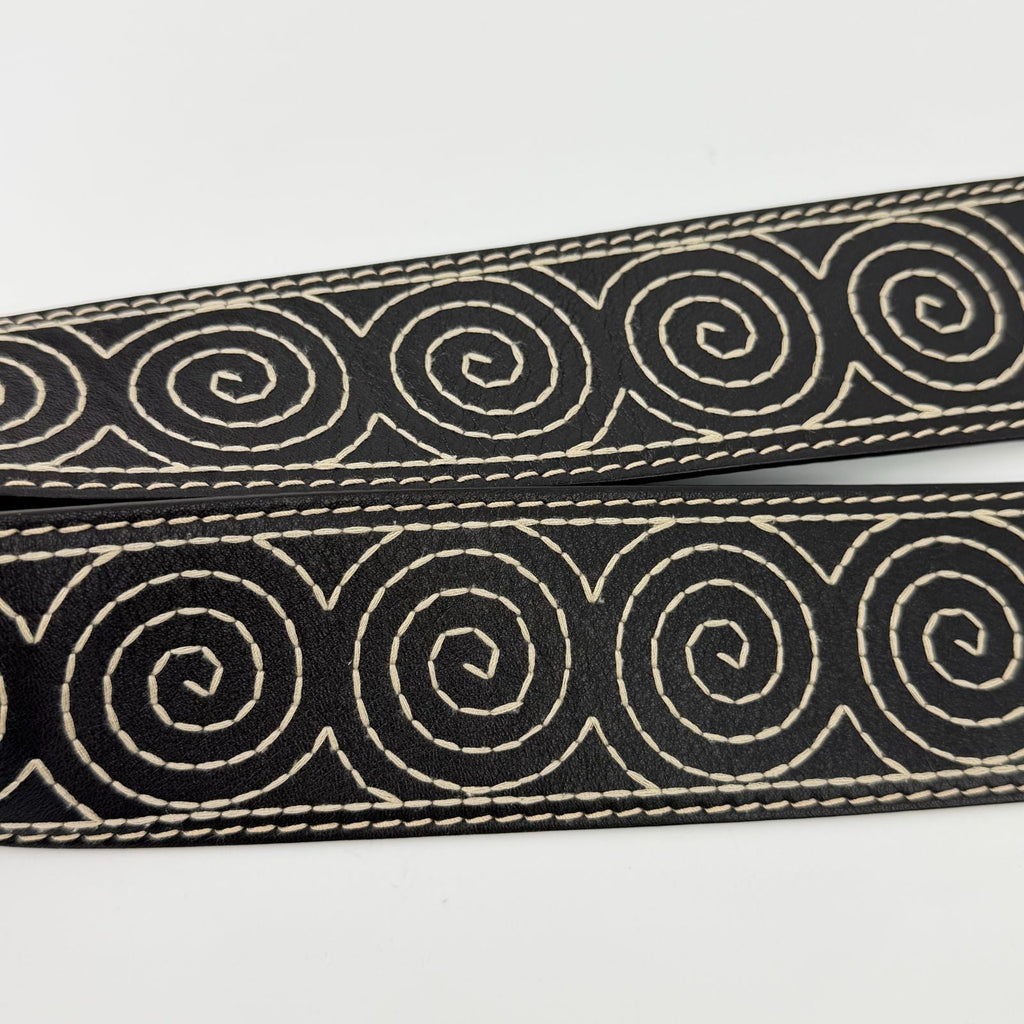 Celine Circle Buckle Spiral Pattern Leather Belt Brown Gold Vintage