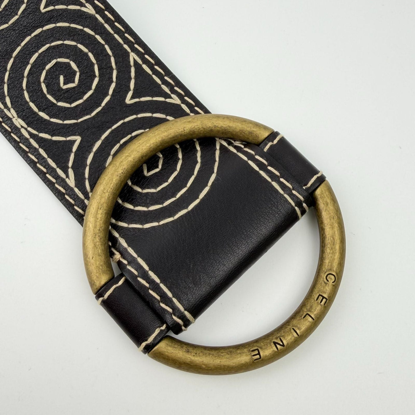 Celine Circle Buckle Spiral Pattern Leather Belt Brown Gold Vintage