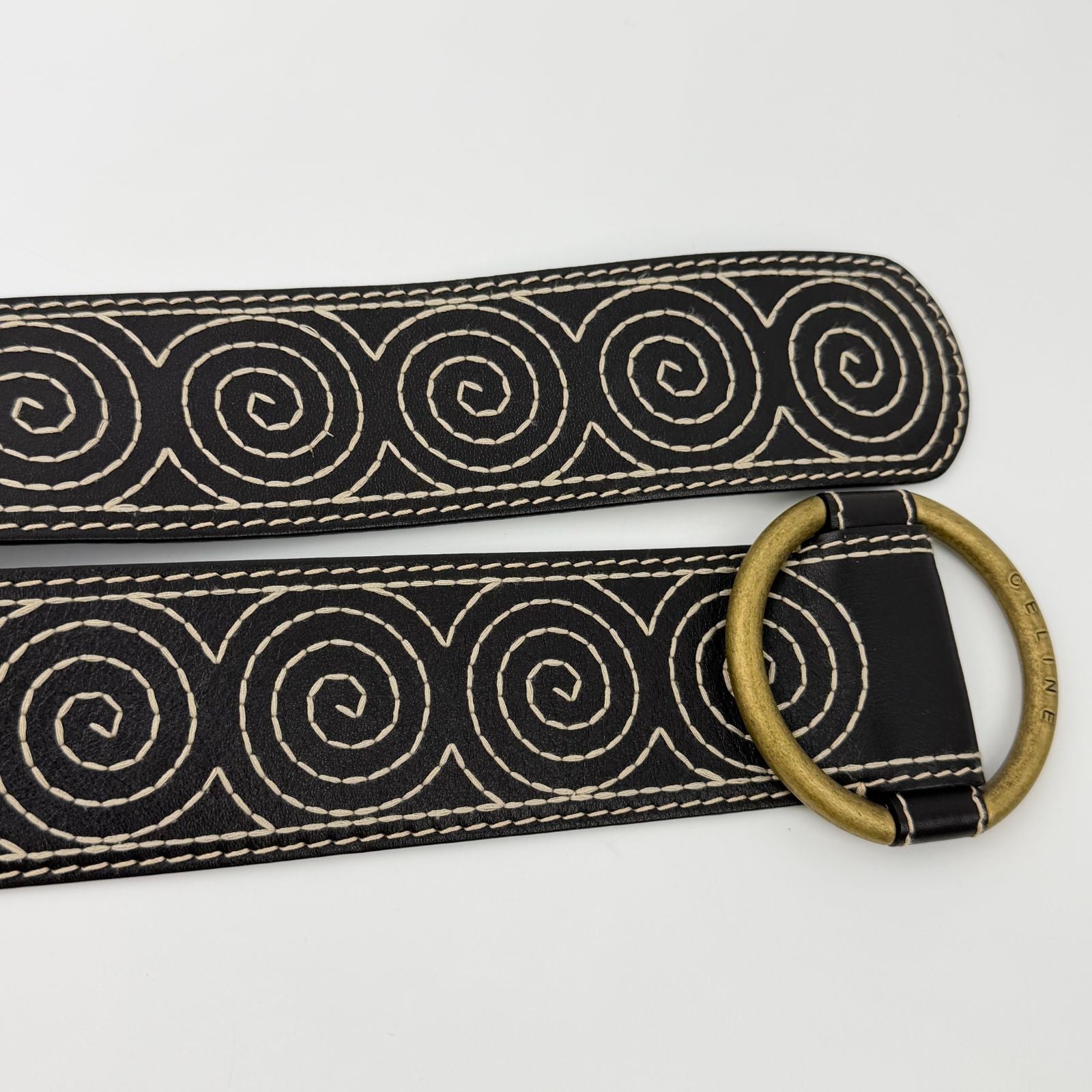 Celine Circle Buckle Spiral Pattern Leather Belt Brown Gold Vintage
