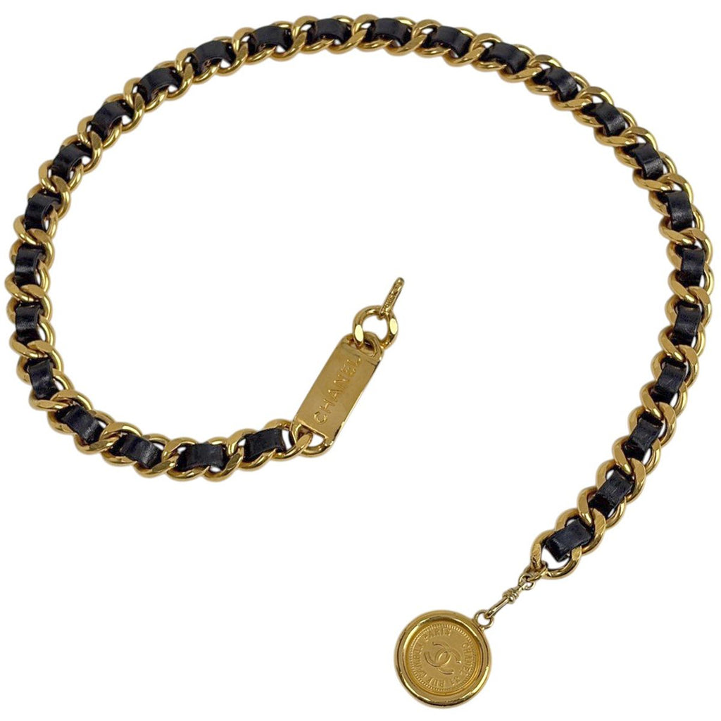 Chanel CC Logo Chain Belt Leather Gold Black