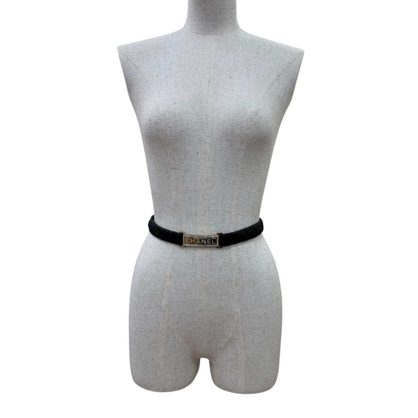 Chanel 23c Logo Buckle Rhinestone Leather Belt Black Gold