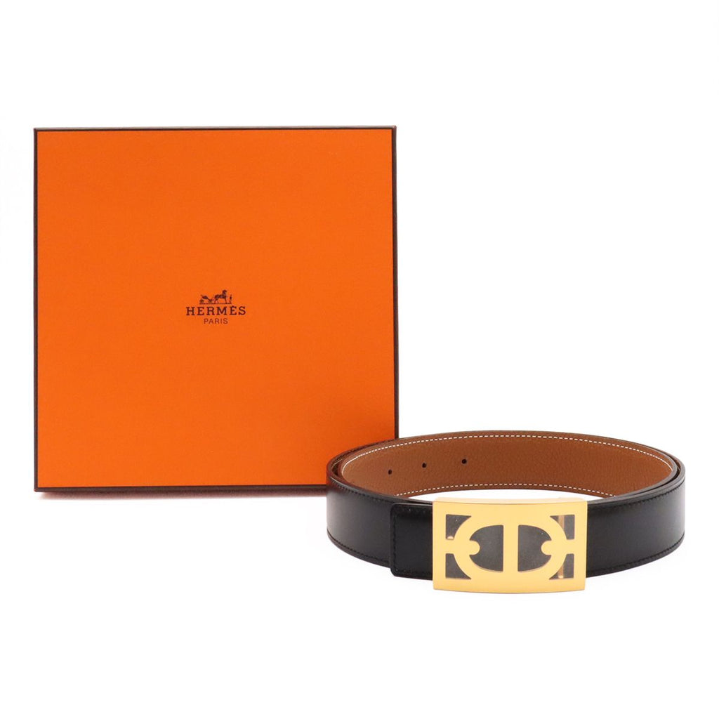 Hermes Chaine D'ancre Reversible Belt Leather Black Brown Gold 85