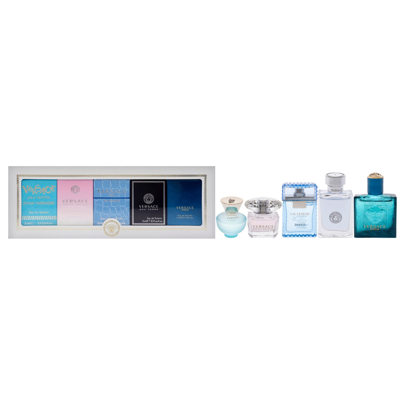 Versace Miniatures Collection by Versace for Unisex - 5 Pc Mini Gift Set 0.17oz Versace Dylan Turquoise EDT Splash, 0.17oz Versace Bright Crystal EDT Splash, 0.17oz Versace Man Eau Fraiche EDT Splash, 0.17oz Versace Pour Homme EDT Splash, 0.17oz Versace