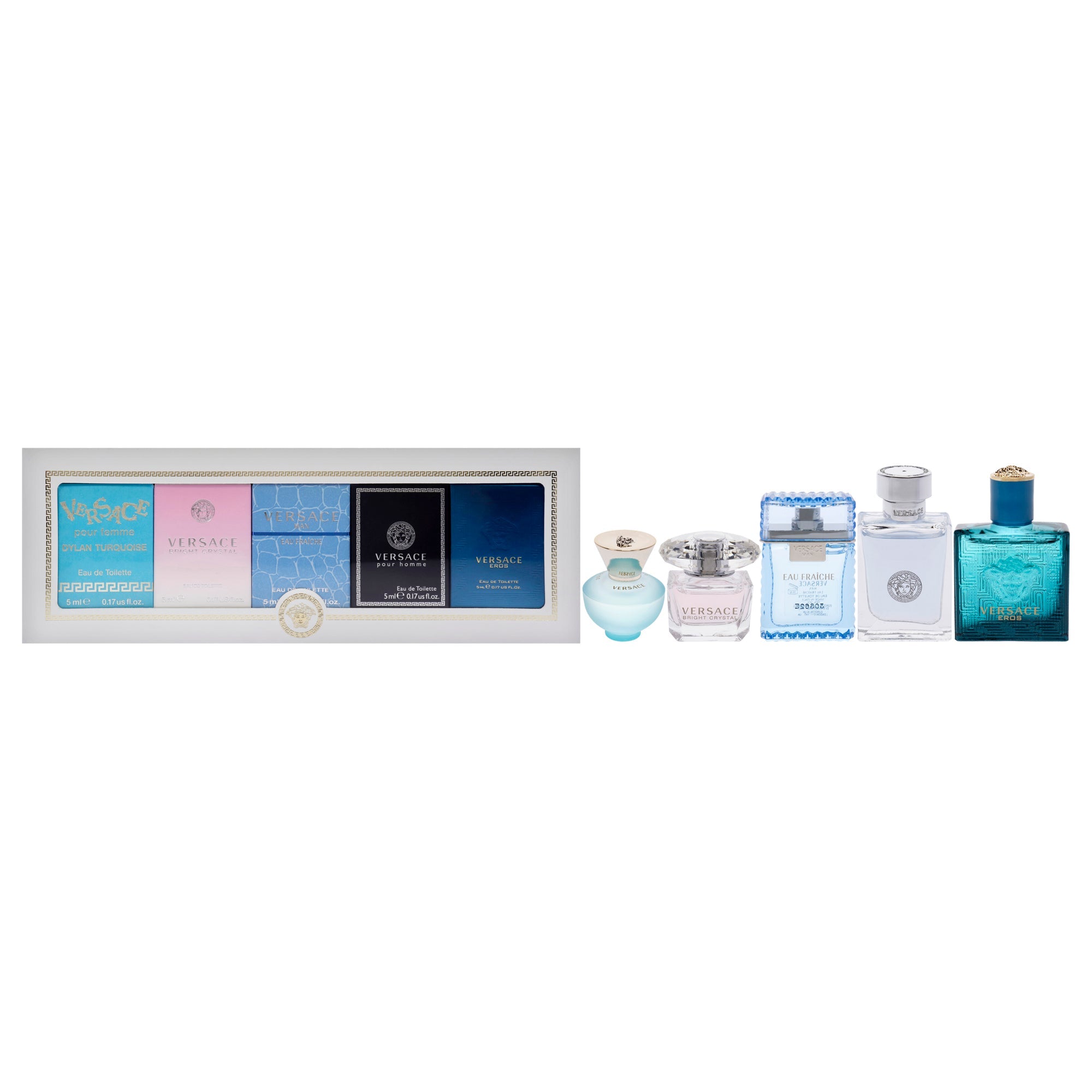Versace Miniatures Collection by Versace for Unisex - 5 Pc Mini Gift Set 0.17oz Versace Dylan Turquoise EDT Splash, 0.17oz Versace Bright Crystal EDT Splash, 0.17oz Versace Man Eau Fraiche EDT Splash, 0.17oz Versace Pour Homme EDT Splash, 0.17oz Versace