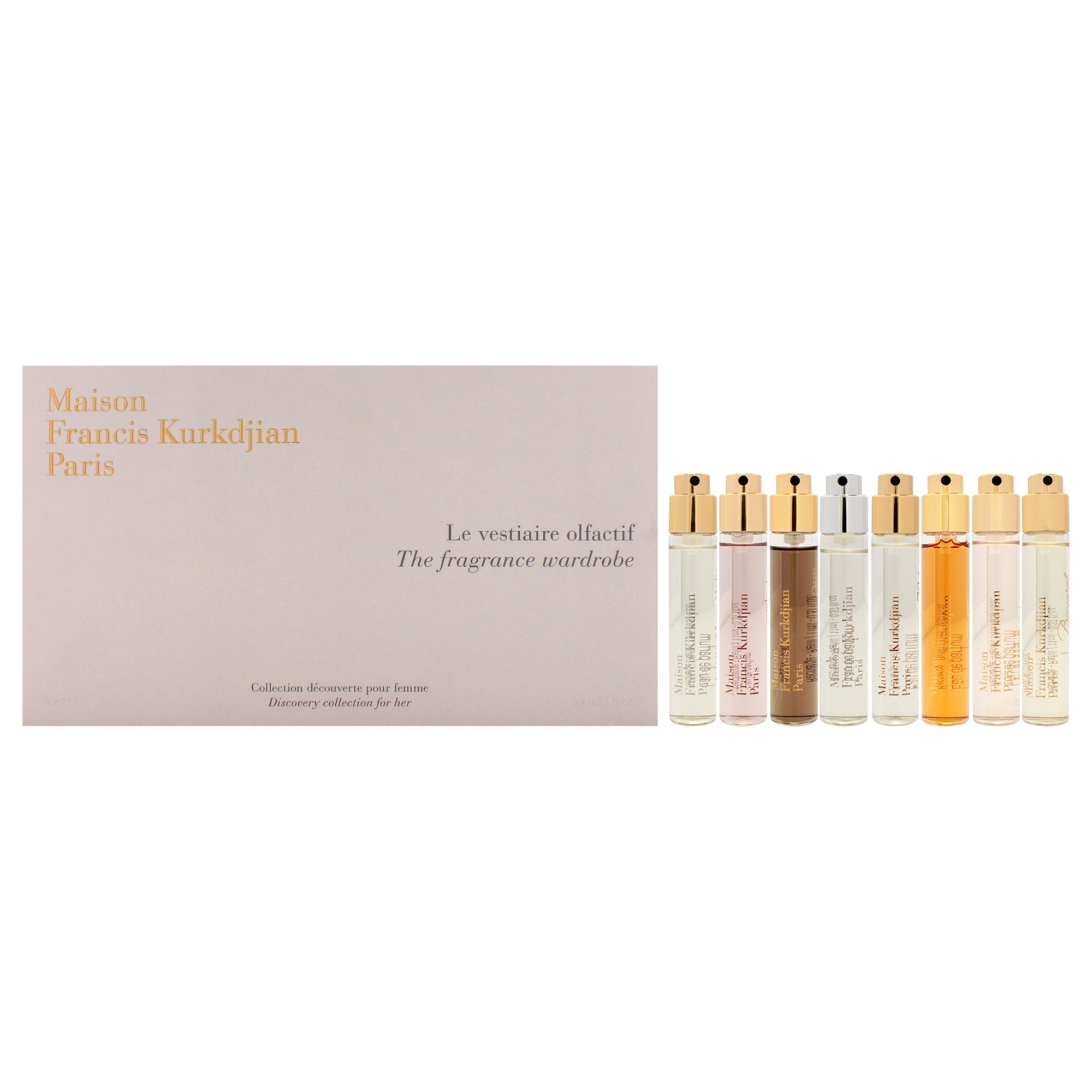 Maison Francis Kurkdjian The Fragrance Wardrobe For Her by Maison Francis Kurkdjian for Women - 8 Pc Gift Set 8 x 0.37oz EDP Spray Aqua Media Cologne forte, A la rose, 724, Petit Matin, Gentle Fluidity Gold, OUD Satin Mood, Grand Soir, Baccarat Rouge 540