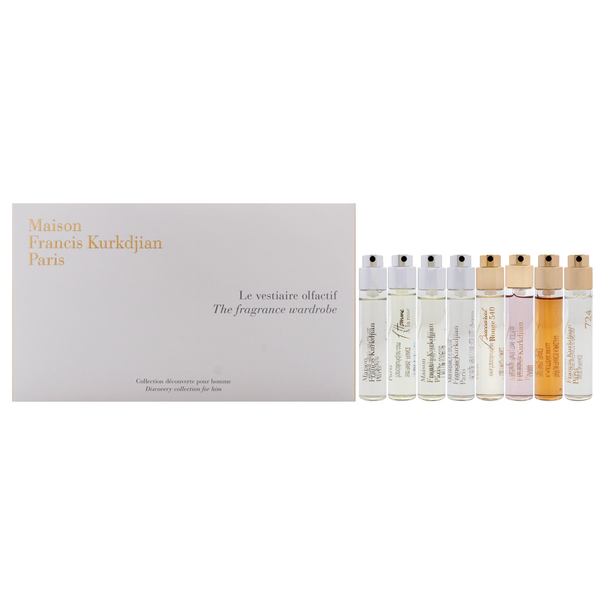 The Fragrance Wardrobe For Him by Maison Francis Kurkdjian for Men - 8 Pc Mini Gift Set 0.37oz Aqua Universalis EDP Spray, 0.37oz Amyris homme EDP Spray, 0.37oz LHomme A la rose EDP Spray, 724, 0.37oz Gentle fluidity silver Edition EDP Spray, 0.37oz Gent