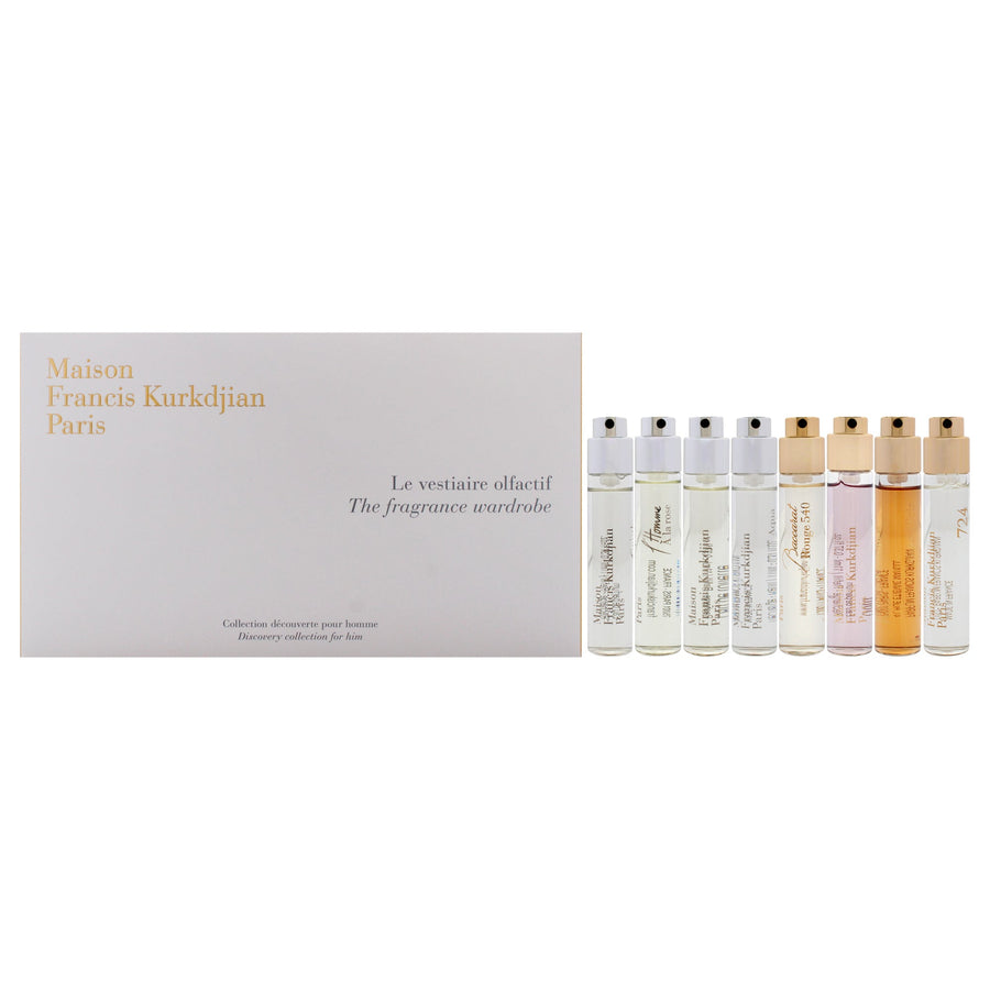 The Fragrance Wardrobe For Him by Maison Francis Kurkdjian for Men - 8 Pc Mini Gift Set 0.37oz Aqua Universalis EDP Spray, 0.37oz Amyris homme EDP Spray, 0.37oz LHomme A la rose EDP Spray, 724, 0.37oz Gentle fluidity silver Edition EDP Spray, 0.37oz Gent