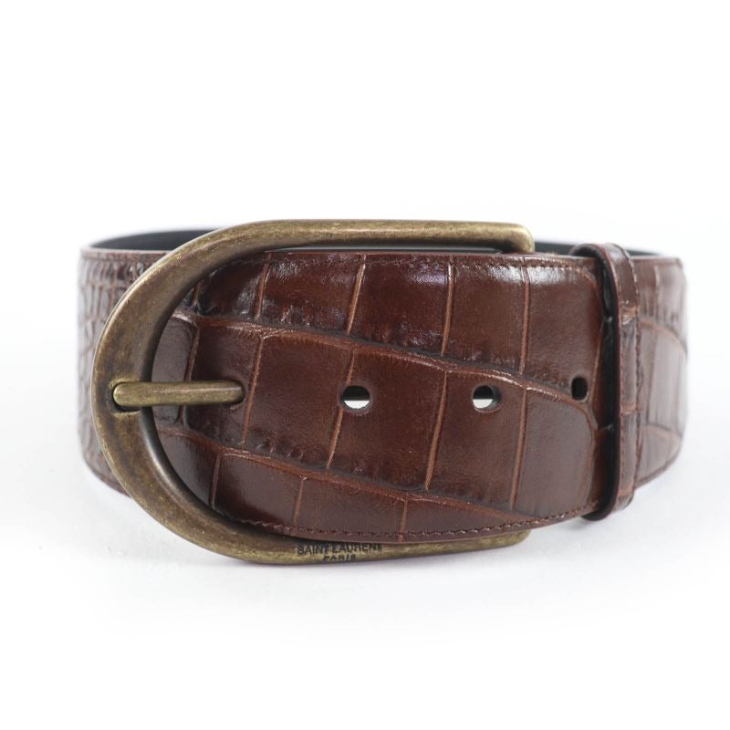Saint Laurent Logo Croc Shape Pressed Leather Belt Brown 65 Storage