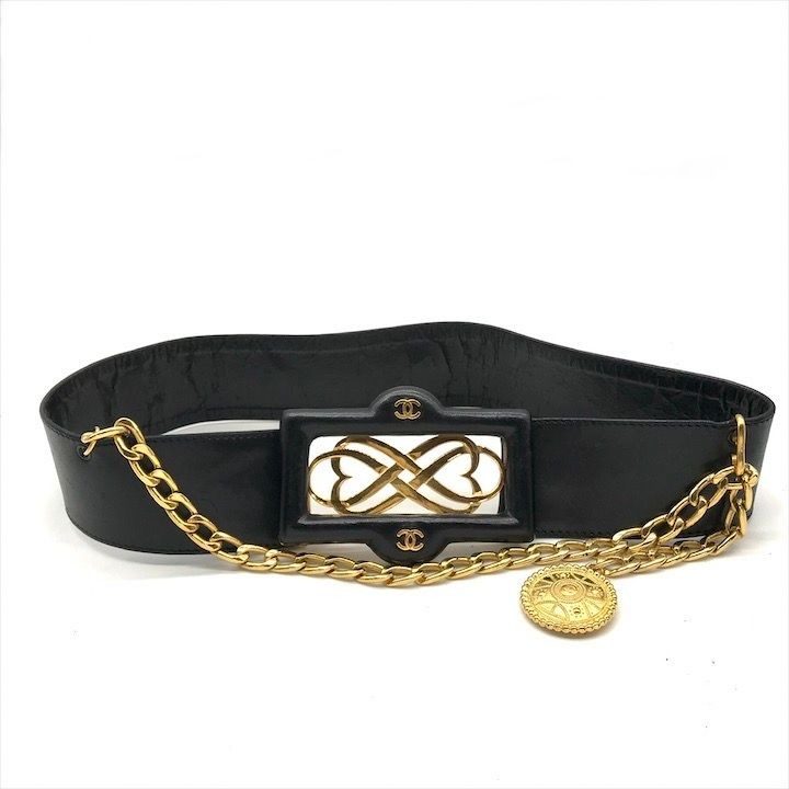 Chanel CC Logo Leather Belt Black Gold