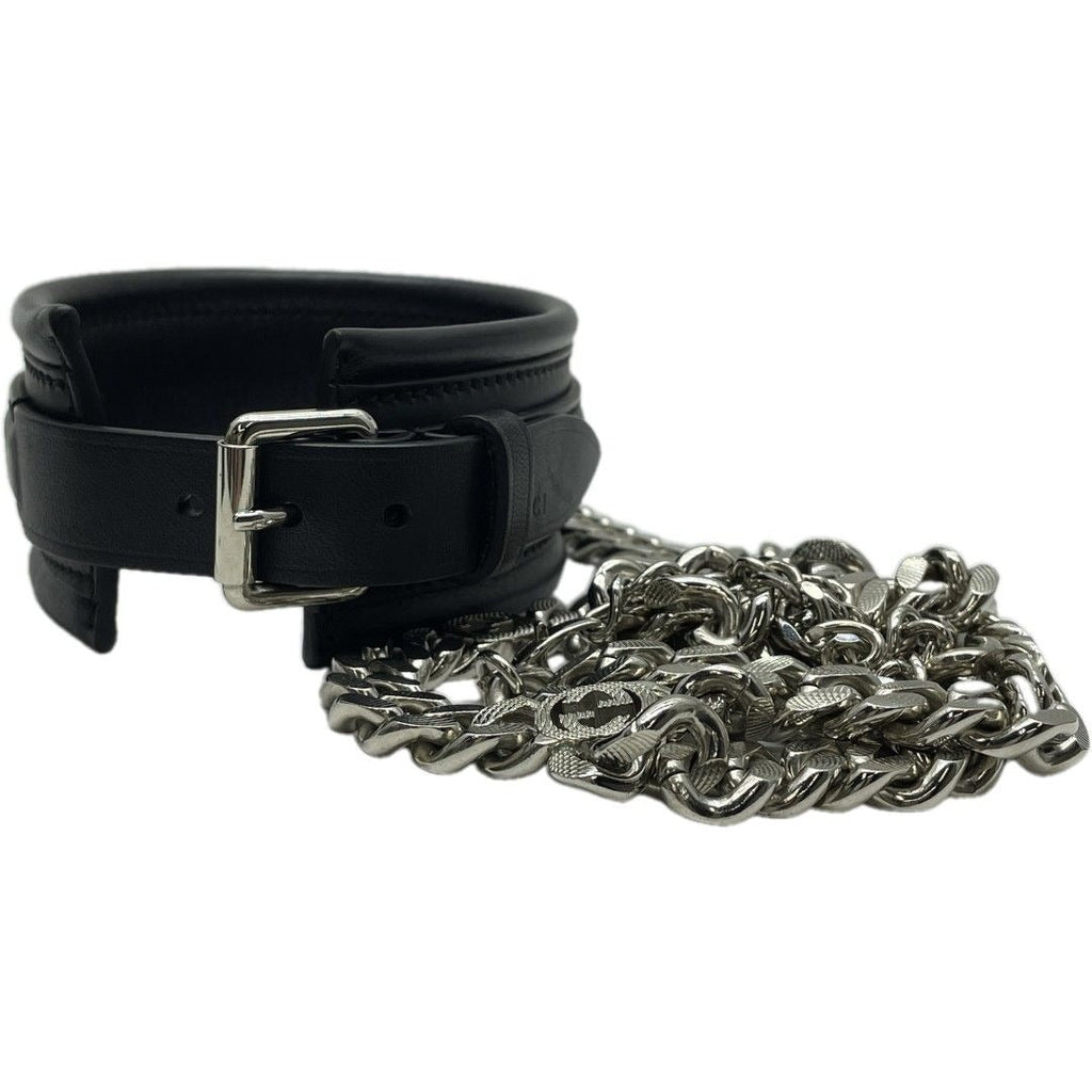 Gucci Interlocking Chain Belt Choker Black Leather Silver