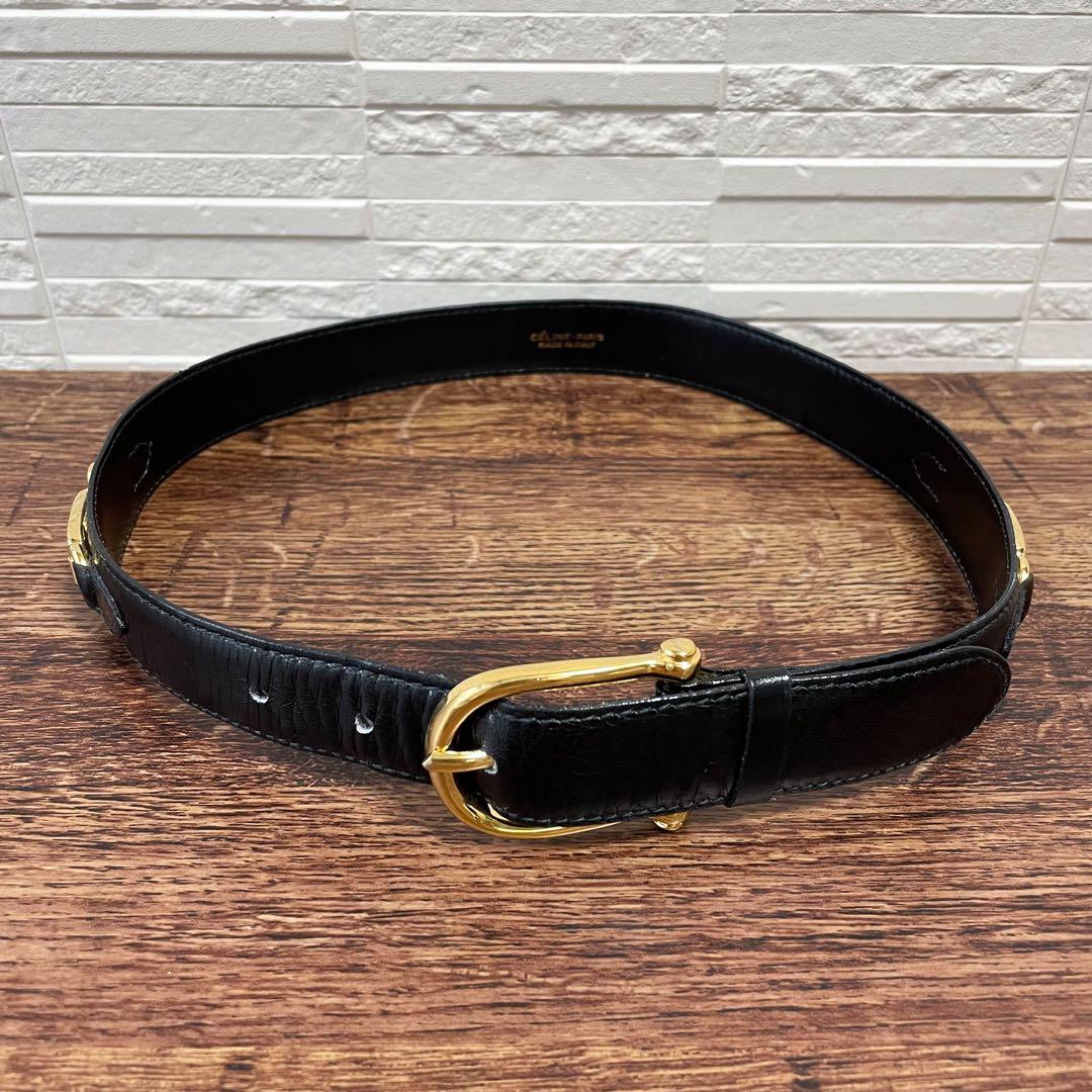 Celine Leather Carriage Logo Gold Belt Black